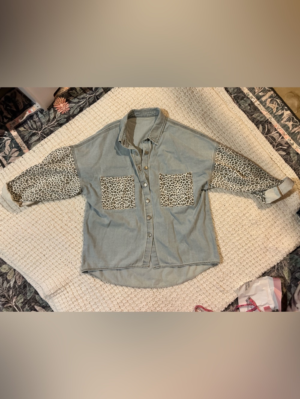 Light Blue Denim Jacket with Leopard Print Sleeves & Pockets